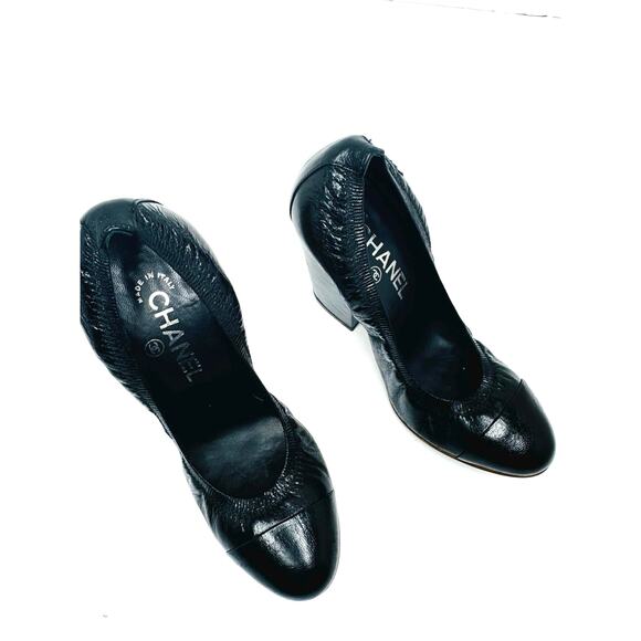Chanel Classic Black CC Logo Stretch Pumps – Block Heel Leather Heels Size EU 38 - Picture 9 of 10